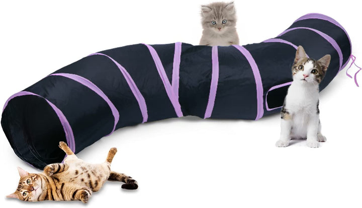 Cat Tunnel, S-2-Way Cat Tunnels for Indoor Cats, Collapsible Cat Play Tunnel, Interactive Toy Maze Cat House with 1 Play Ball for Cats, Puppy, Kitty, Kitten, Rabbit (Blue & Black)