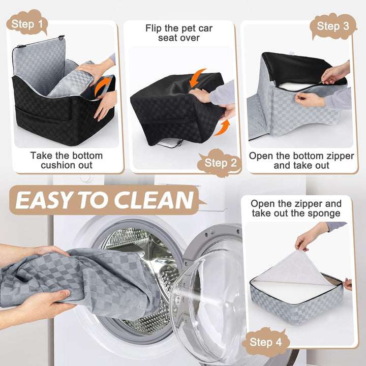 Elevated Dog Car Seat for Small/Medium Dogs up to 35 Lbs, Memory Foam Pet Booster Seat with Detachable Washable Cover, Portable Travel-Safe Bed for Cars with Safety Belts and Storage Pockets