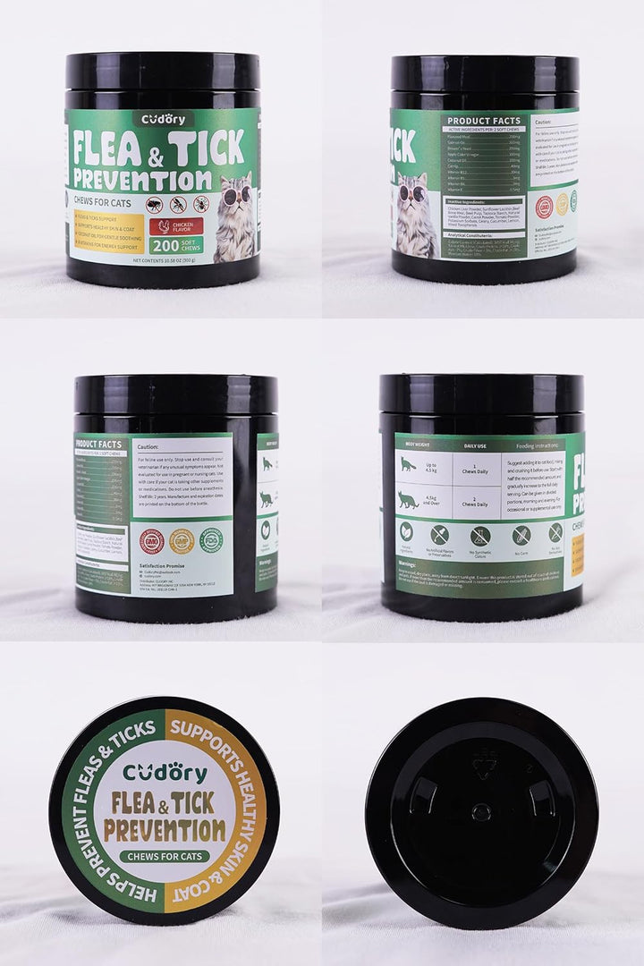 Flea and Tick Chews for Cats - 200 Soft Chews Natural Flea Tick Support for Cat All Breeds & Ages - Nourishes Skin & Coat Health - Energy Support - Chicken Flavor Soft Chew