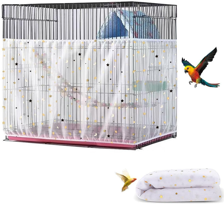 Bird Cage Seed Catcher, Seed Catcher Guard Net Cover, Parrot Nylon Mesh Net Cover, Universal Soft Airy Cage Net Stretchy Skirt for round Square Cages (Star-White, 15.7" X87")