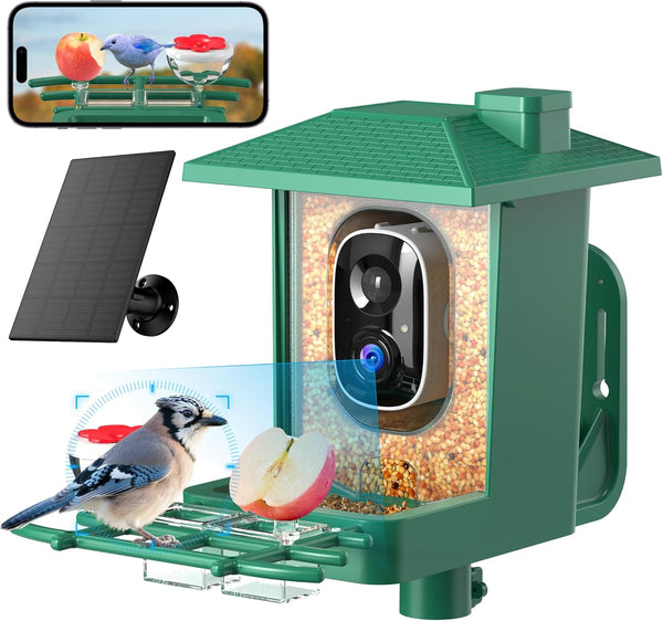 Bird Feeder with Camera Outdoor Solar: Smart Birdfeeder with AI Recognition - 2K HD Live Stream Video Camera for outside Wild Birds Garden Decor - Bird Lover Gifts