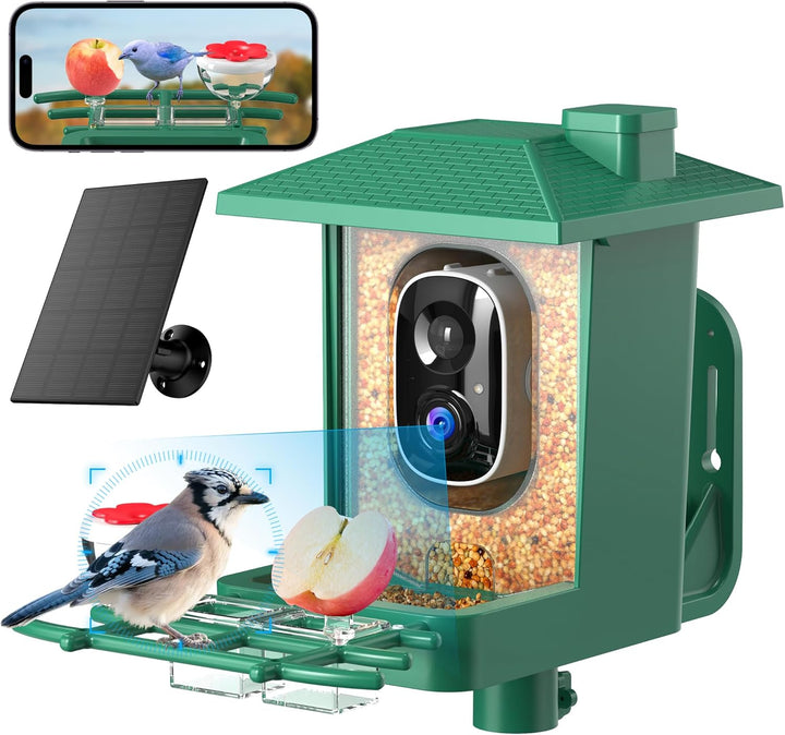 Bird Feeder with Camera Outdoor Solar: Smart Birdfeeder with AI Recognition - 2K HD Live Stream Video Camera for outside Wild Birds Garden Decor - Bird Lover Gifts