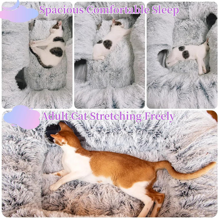 4 Cave Shuttled XL Cat Tunnel Bed for Indoor Cats Peekaboo Toy Donut with Warm Mat