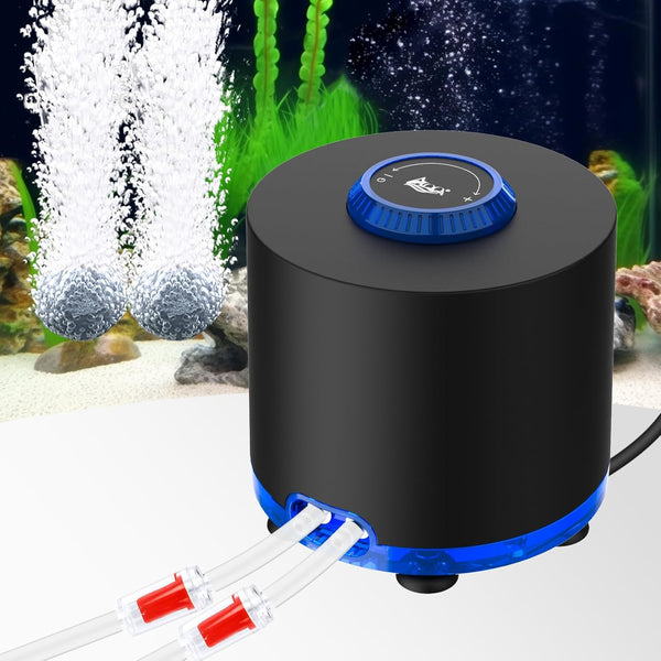 Aquarium Air Pump, Quiet Powerful Fish Tank Air Pump 3W/6W/10W with Stainless Steel Dual Outlet, Adjustable Oxygen Aerator Pump with Air Stone Bubbler for Fish Tank up to 200 Gallon 3W (Tubby)