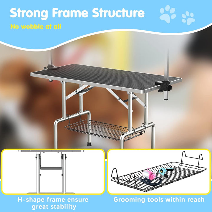 46''Large Dog Grooming Table, Adjustable Cat Drying Desktop with Arms, Nooses, Mesh Tray, Foldable Pet Station at Home, Maximum Capacity up to 330Lb, 46Inch, Black, 46In