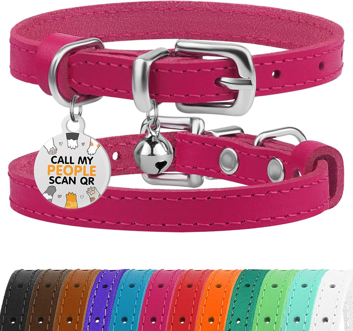 Leather Cat Collar with Removable Bells Non Breakaway Kitten QR Tag for Girl Boy (7" - 9" for Cats, Black & Gold)
