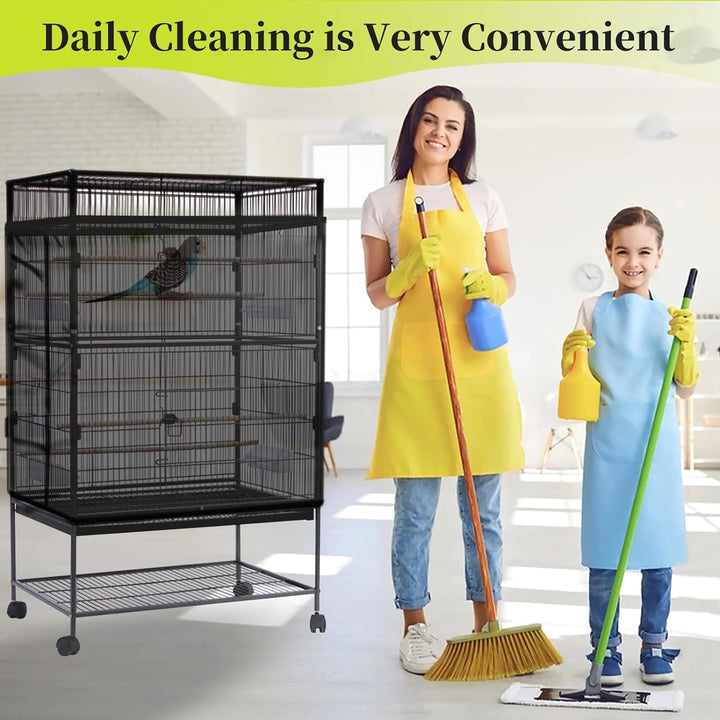 Bird Cage Seed Catcher, Large Bird Cage Cover, Adjustable Soft Airy Nylon Mesh Net, Birdcage Cover Skirt Seed Guard for Parrot Parakeet Macaw African round Square Cages (Black)