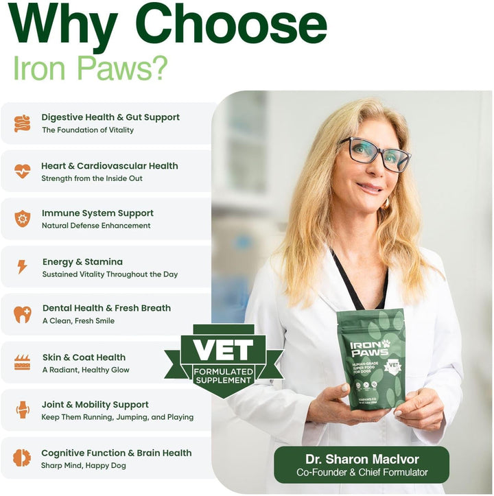 Human-Grade Superfood for Dogs, Premium Greens Powder Supplement for Dental Health, Longevity, Hip & Joint, Gut Health, Allergies, Immune Support, Skin & Coat - 3.5 Oz Nutrient Dense Formula