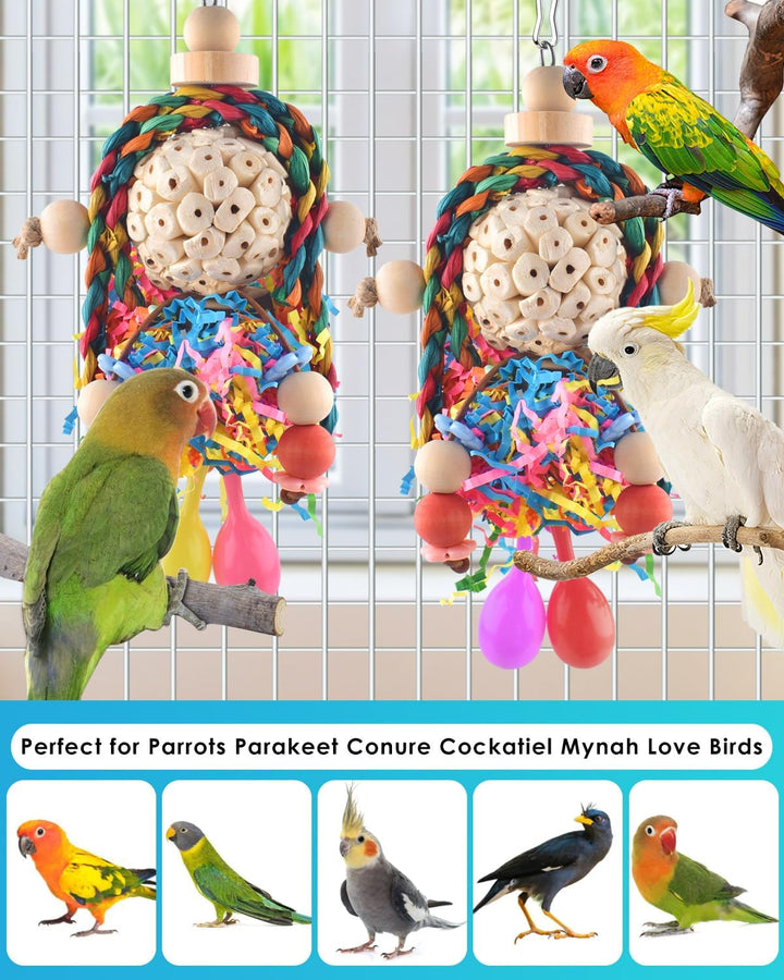 Conure Toys, 2PCS Bird Parrot Foraging Shredder Hanging Toys Sola Balls with Sand Hammer for Small Parrots Parakeets Conures Cockatiels Love Birds Cage Toy