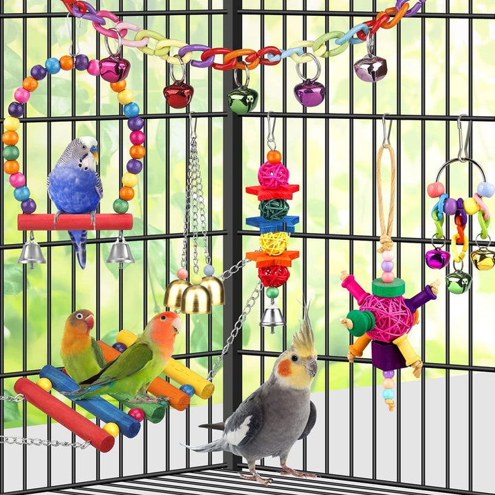 Bird Toys for Conures with Colorful Ladder Hammock Bird Cage Accerious Bird Perch Stand Chewing Toys Hanging Bell for Parrot Parakeet Cockatiel Lovebirds