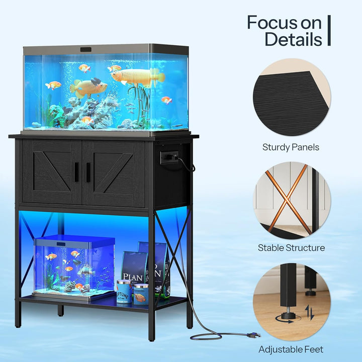 20 Gallon Fish Tank Stand with Power Outlets and LED Light, Metal Frame Aquarium Stand, Reptile, Turtle Tank Stand with Cabinet Storage, 27.6'' L X 15.7'' W, 300 LBS Capacity, Black BB40UDFT01