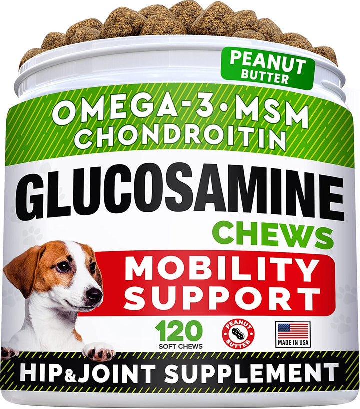Glucosamine Treats for Dogs - Joint Supplement W/Omega-3 Fish Oil - Chondroitin, MSM - Advanced Mobility Chews - Joint Pain Relief - Hip & Joint Care - Chicken Flavor - 120 Ct - Made in USA
