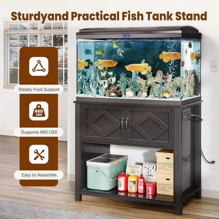 40-50 Gallon Fish Tank Stand with Power Outlets, 660LBS Capacity Heavy Duty Metal Aquarium Stand, Double Fish Tank Stand Table with Cabinet