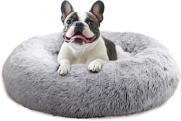 Small Dog & Cat Beds for Indoor Cats, Donut Cuddler Warming Soft Dog Beds with Anti-Slip Bottom, round Calming Fluffy Plush Faux Fur Cushion Bed for Small Medium Dogs (20", Smoke Grey)