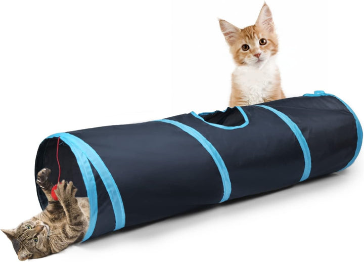 Cat Tunnel, S-2-Way Cat Tunnels for Indoor Cats, Collapsible Cat Play Tunnel, Interactive Toy Maze Cat House with 1 Play Ball for Cats, Puppy, Kitty, Kitten, Rabbit (Blue & Black)