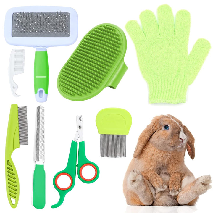 Pink Small Animal Grooming Kit with Nail Clipper, Flea Comb, Shampoo Brush, Slicker Brush, Massage Glove for Rabbits