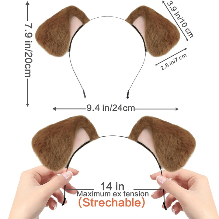 Dog Ears Golden Movable, Realistic Animals Ears Headband Brown, Fluffy Cat Bunny Bear Costume Halloween Christmas for Washing Makeup Cosplay Birthday Party