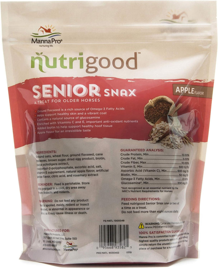 Nutrigood Senior Snax Horse Treats - Apple Flavor Baked Easy-Chew Equine Snack with Glucosamine, Omega-3 & Biotin for Joint, Hoof & Coat Support (Senior Horses) – 2 Lb Bag