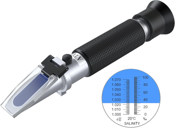 Salinity Refractometer Saltwater Aquarium for Seawater, Pool, Tank, Marine, Fishkeeping, 0-100PPT & 1.000-1.070 Salinity Tester with ATC Function Salinity Hydrometer Kit