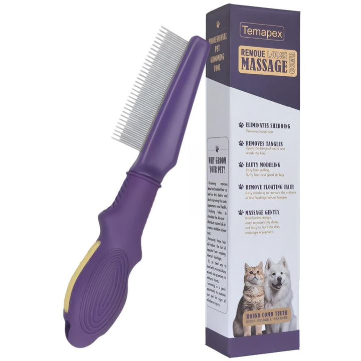 Pet Flea Comb for Dogs & Cats,Removes Tangles & Flea, Tear Stain Removal, Stainless Steel Metal Teeth, Non-Slip & Anti-Static Rubber Handle, Safe & Gentle Pet Grooming Comb