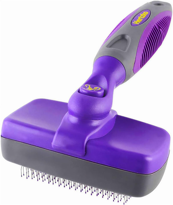 Self Cleaning Slicker Brush for Dogs and Cats - Pet Hair Brush for Shedding Long and Short Hair - Easy Clean Retractable Bristles - Cat and Dog Grooming Tool - Purple