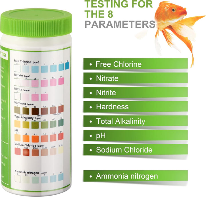 8-In-1 Aquarium Test Kit for Fish Tanks - Quick & Accurate Water Testing Strips for Aquariums & Ponds. Tests Ph, Ammonia, Alkalinity, Hardness, Chlorine, Etc. (K02-50)