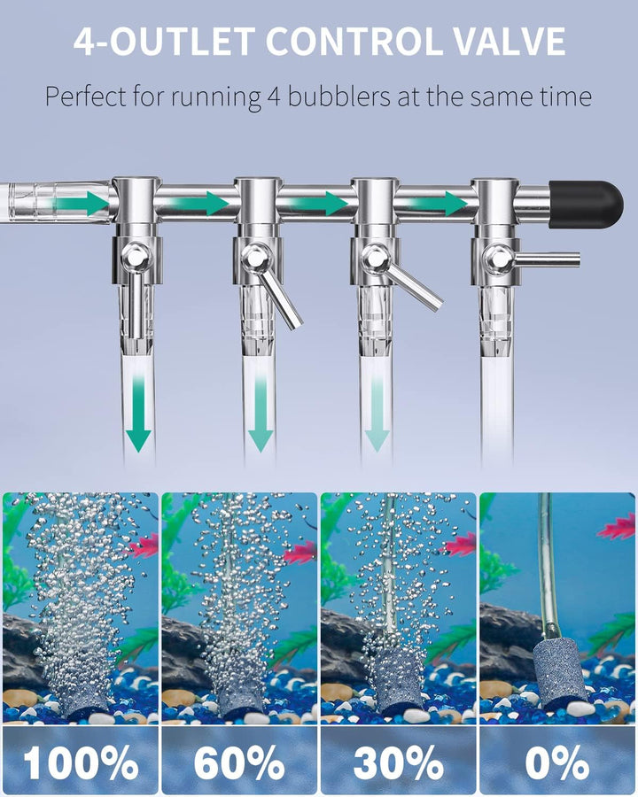 254 GPH Aquarium Air Pump Adjustable Quiet Oxygen Aerator Pump with Multi-Port Air Flow Control Lever Valve Splitter and Airline Tubing for Fish Tanks Ponds and DWC Systems up to 300 Gallons