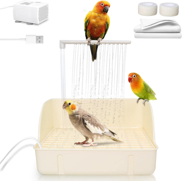 Automatic Parakeet Bird Bath with Pump, Large Bird Shower Fountain Indoor Bathtub with Running Water, Parrot Bath Tub Faucet for Pet Birds, African Grey, Cockatiel, Conure, Budgie, Lovebird (White)