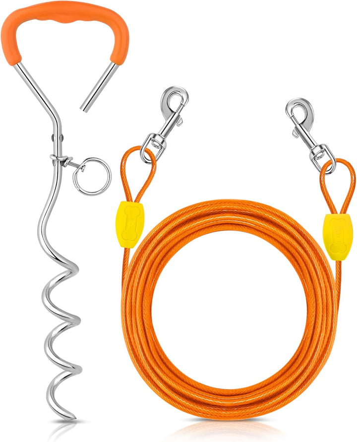 Dog Tie-Out Cable and Stake - 30Ft Heavy Duty Cable with Spring, No Tangle, 16In Ground Stake, Ideal for Yard, Camping and Beach, Suitable for Small Medium Large Dogs up to 120 Lbs, Blue