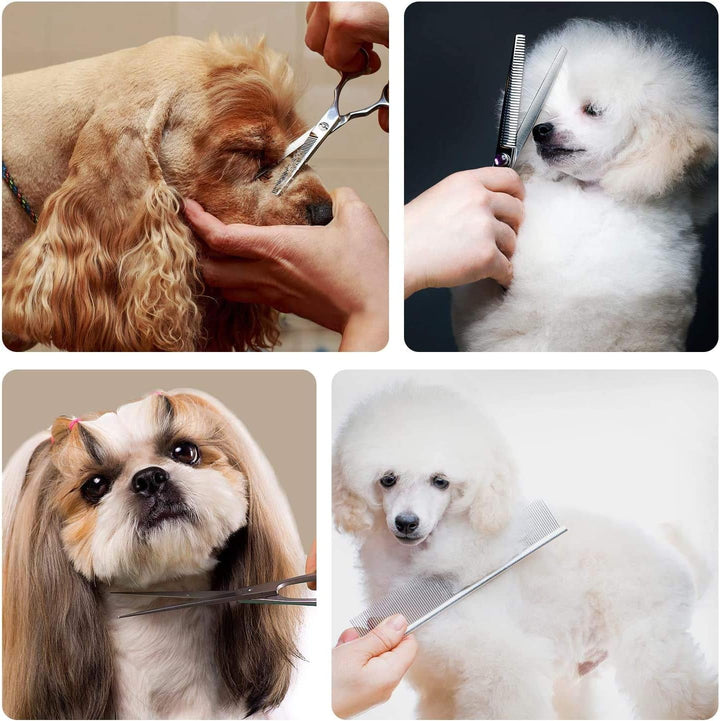 Dog Grooming Scissors with Safety round Tips, Heavy Duty Titanium Pet Grooming Trimmer Kit, Professional Thinning Shears, Curved Scissors with Comb for Dogs and Cats (Set of 3)