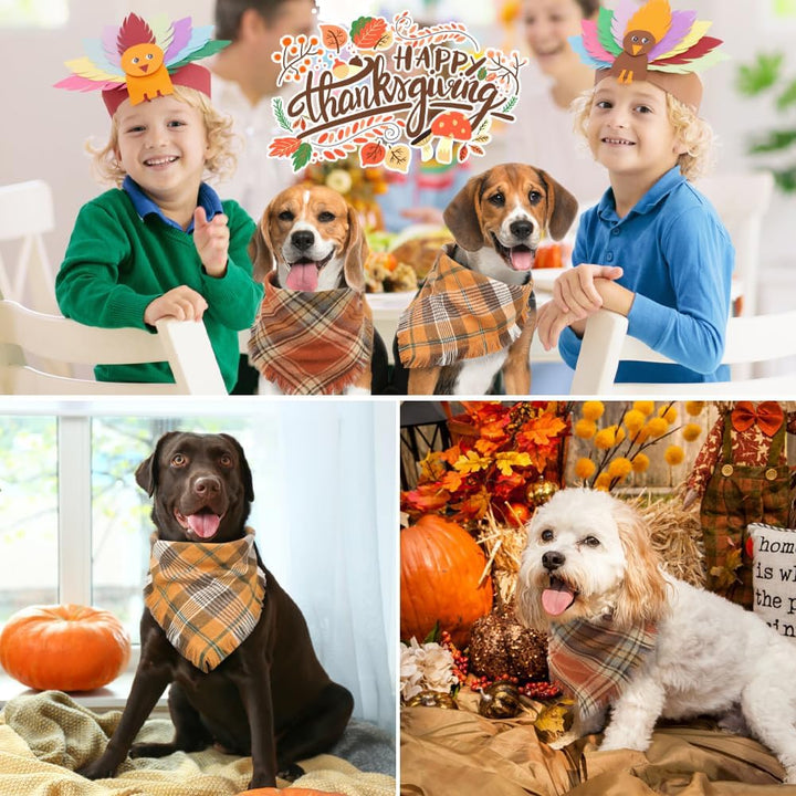 Halloween Dog Bandana, 2 Pack Fall Thanksgiving Classic Plaid Dog Scarf with Tassels Edges, Funny Pet Apparel & Accessories Costume for Photo Prop, and Party Decor (Large, Yellow&Orange)