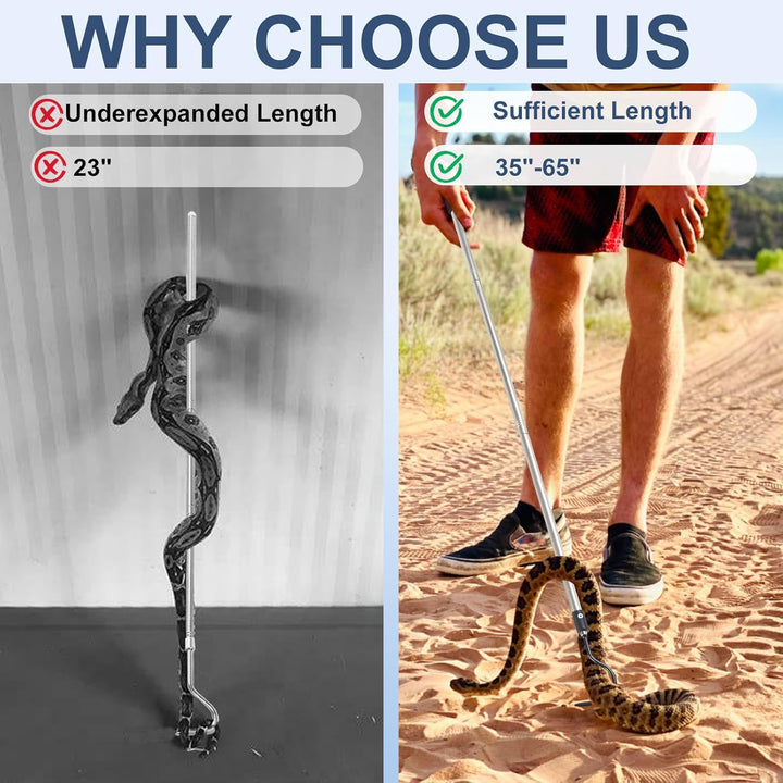 Snake Hook Heavy Duty, 35"-65" Snake Reptile Hook Rubber Tip for Rattlesnakes Ball Python Rattle Cobra Removal Non Slip Foam Handle Stainless Steel