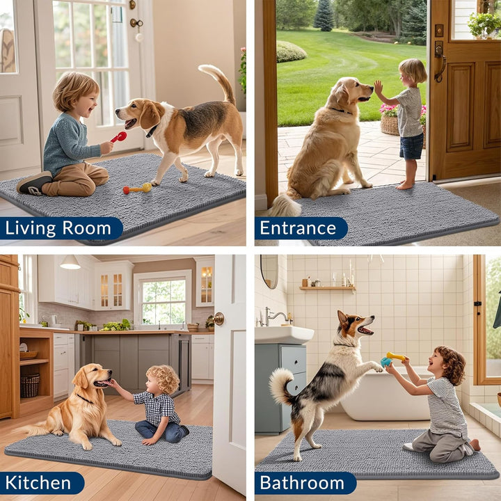 Dog Door Mat for Muddy Paws 30X20, Absorbs Moisture and Dirt Doormat, Non-Slip Washable Quick Dry Chenille Front Door Mat Indoor Entrance, Entryway Carpet for inside Floor, Grey