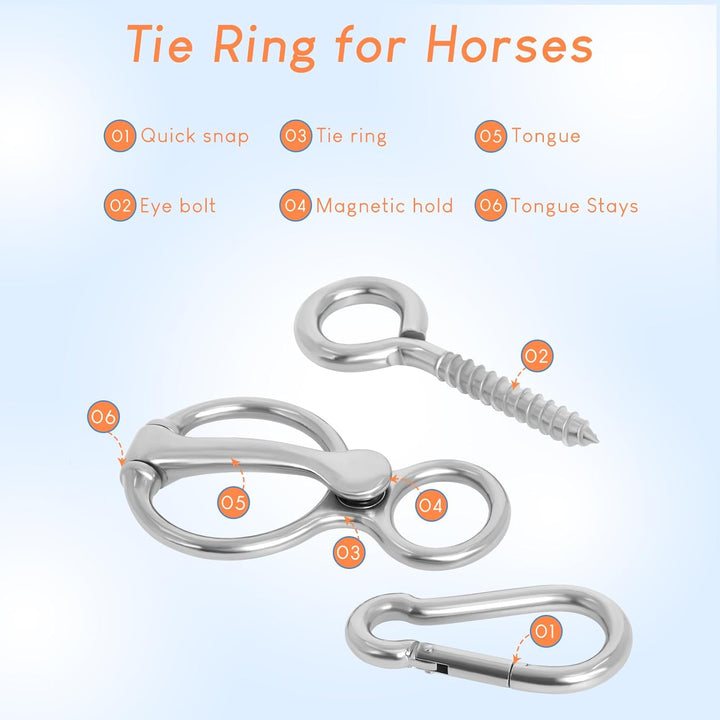 Horse Tie Ring, Upgraded 4 Sets Horse Tack and Supplies, 304 Stainless Steel Safe Horse Accessories Training Equipment with Eye Bolt and Snaps Saddle