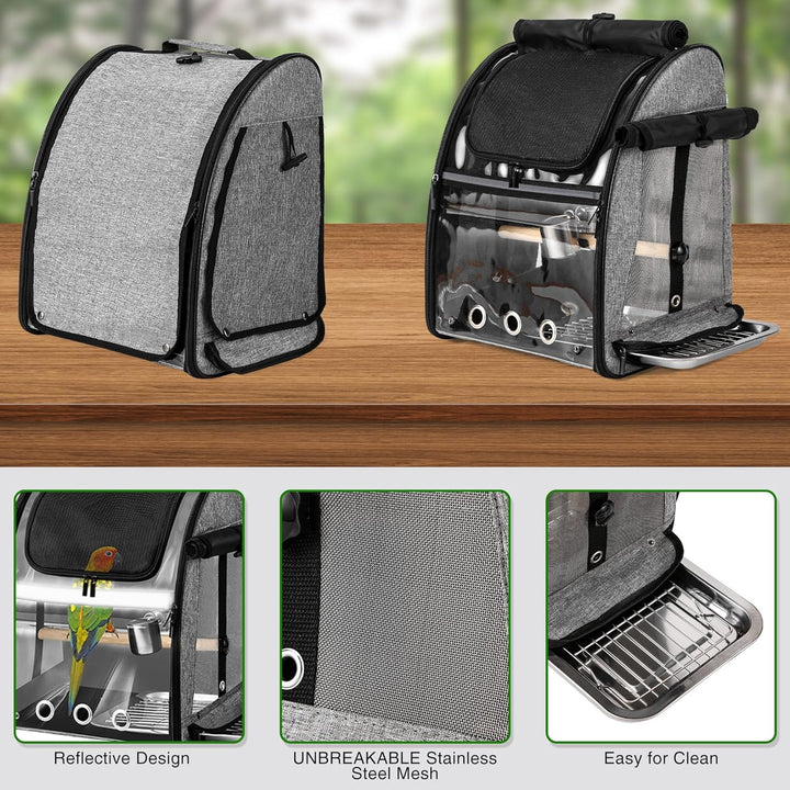 Bird Carrier Bag with Indestructible Stainless Steel Mesh, Bird Travel Cage with Stand, Easy to Clean Backpack for Parrot, Portable Bird Travel Bag, Pet Transparent Breathable Travel Cage