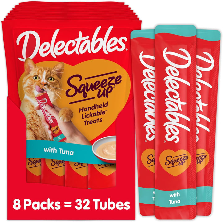 Delectables Squeeze up Creamy Squeezable Puree, Lickable Wet Cat Treats, Grain Free, No Added Fillers, No By-Products, No Added Preservatives, 0.5 Ounces Tuna & Shrimp, 32 Tubes Total