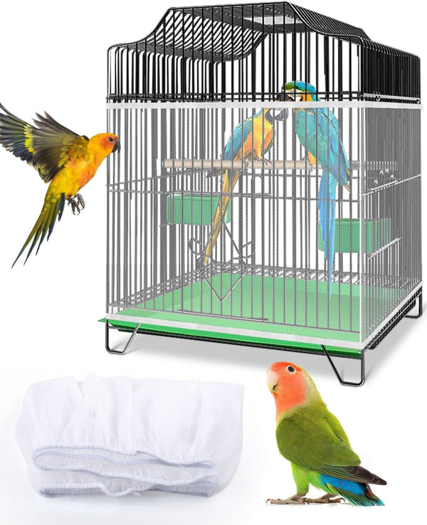 Bird Cage Seed Catcher, Universal Birdcage Net Nylon Adjustable Elastic Band Stretchy Skirts Mesh Cover for Parrot Cage Seed Guard (Not Include Birdcage)- White