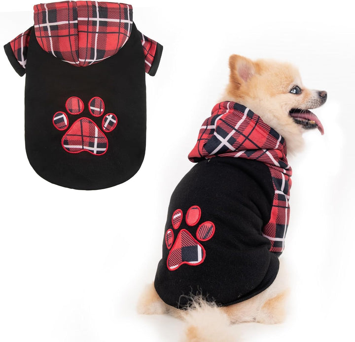 Plaid Dog Hoodie Pet Clothes Sweater with Hat and Pocket for Small Medium Large Size Dogs, Soft Winter Warm Dog Cold Weather Coat, Fleece Fall Dog Hooded Sweatshirt for Puppy Cats, Red XL