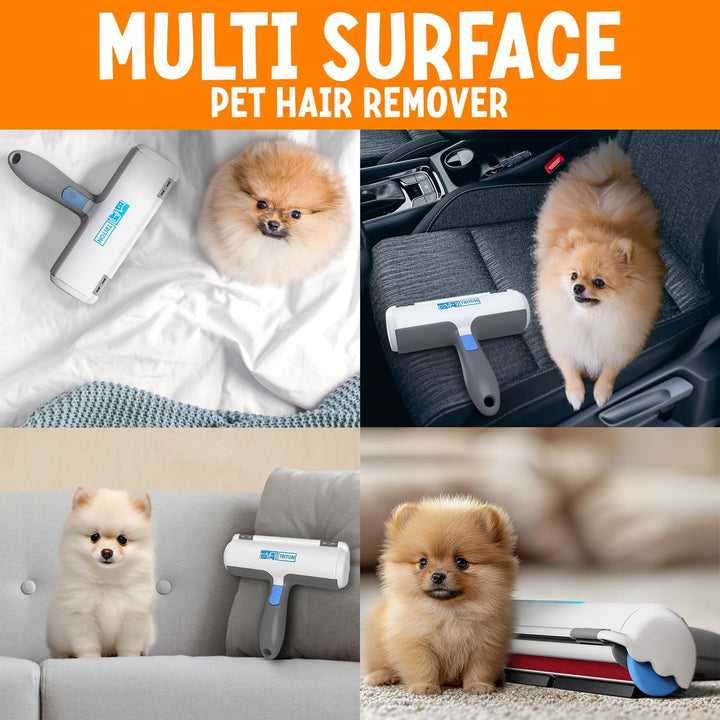 Pet Hair Removal Tool W/Fur Trapping Compartment and Detachable Handle, 60% Smaller Storage Size, Reusable Shedding Roller, Cat and Dog Hair Remover for Car, Furniture, Carpet (Gray/White)