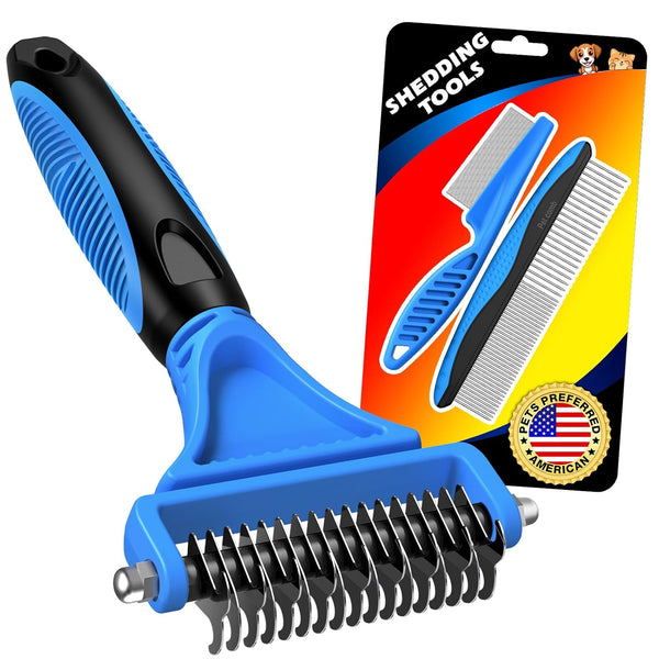 3PCS Pet Grooming Rake & Metal Comb & Flea Comb for Cats and Dogs, Double-Sided Dematting Tool, Extra-Wide Deshedding Dog Brush for Long Hair to Effectively Remove Tangles, Knots and Mats (Blue)