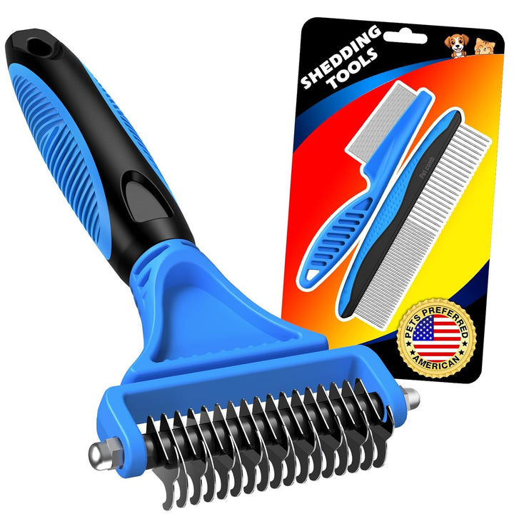 3PCS Pet Grooming Rake & Metal Comb & Flea Comb for Cats and Dogs, Double-Sided Dematting Tool, Extra-Wide Deshedding Dog Brush for Long Hair to Effectively Remove Tangles, Knots and Mats (Blue)