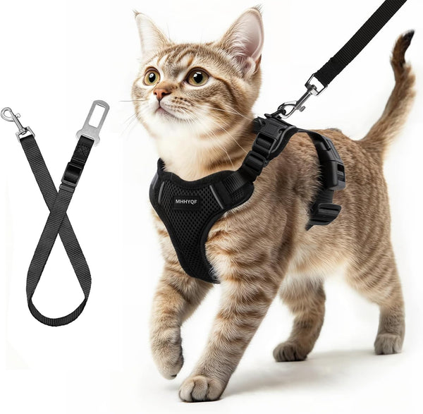 Cat Harness and Leash for Walking, Cat Car Harness, Escape Proof Soft Adjustable Vest Harnesses for Cats, Easy Control Breathable Reflective Strips Harness, Kitten Harness and Leash Set, Black, S