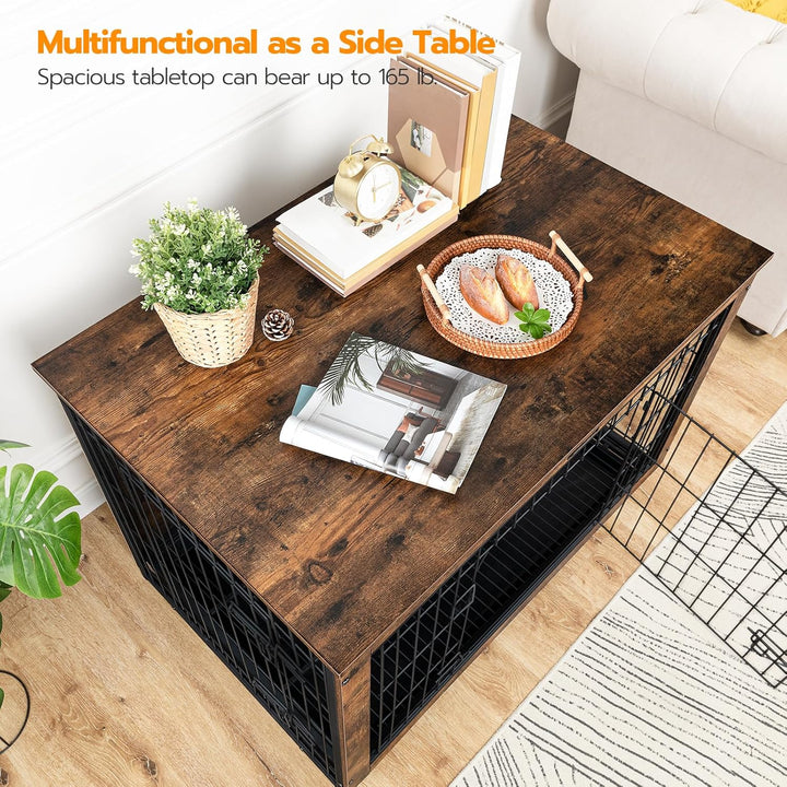 Dog Crate Furniture, 38.6" Large Dog Kennel Indoor, Wooden Cage with Pull-Out Tray, Double Doors Pet House Side End Table for Large/Medium/Small Dogs, Rustic Brown BF982GW03G1