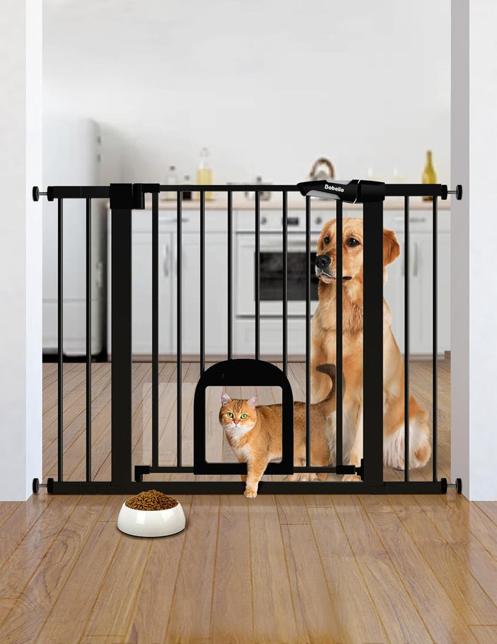 Baby Gate with Adjustable Cat Door,29-43" Auto Close Durable Pet Door for Stairs,Doorways and House,Pressure Mounted,Easy Install,Effortless Walk Thru,White