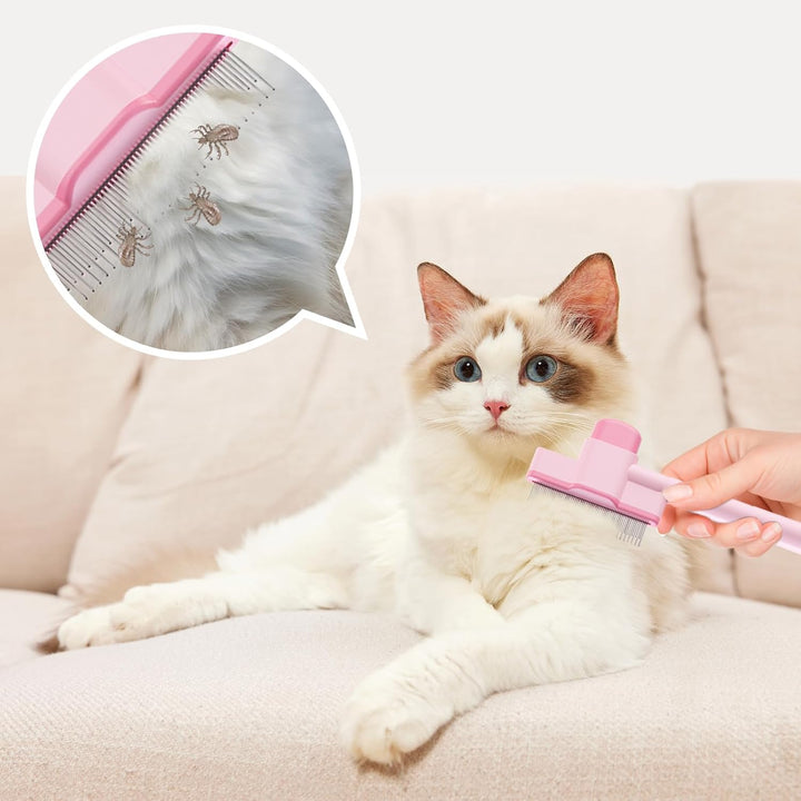 2PCS Flea Comb for Cats and Dogs with Pet Hair Remover Glove, Self Cleaning Pet Flea Cat Grooming Brush with Release Button for Massaging and Cleaning Shedding Pets Hairs