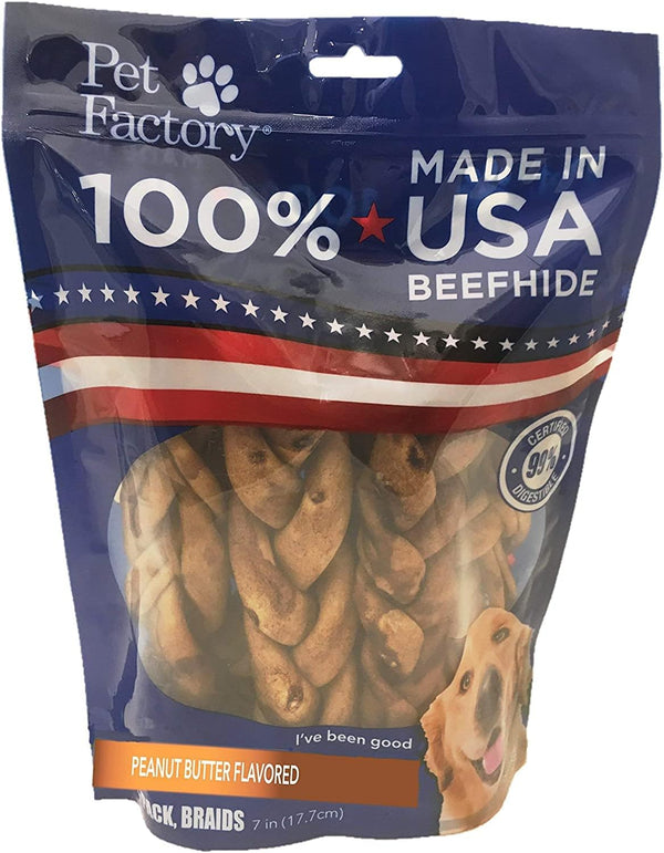 100% Made in USA Beefhide 7" Braided Sticks Dog Chew Treats - Peanut Butter Flavor, 6 Count/1 Pack
