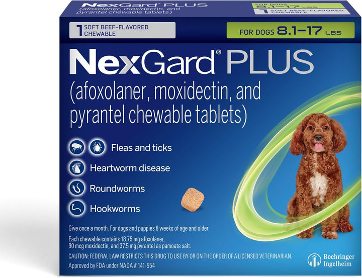 plus (Afoxolaner, Moxidectin, and Pyrantel) Flea and Tick Protection & Heartworm Preventive for Dogs Soft Beef Flavored Chewables, 33.1-66 Lbs. (Purple) 6 Chews (6 Month Supply)