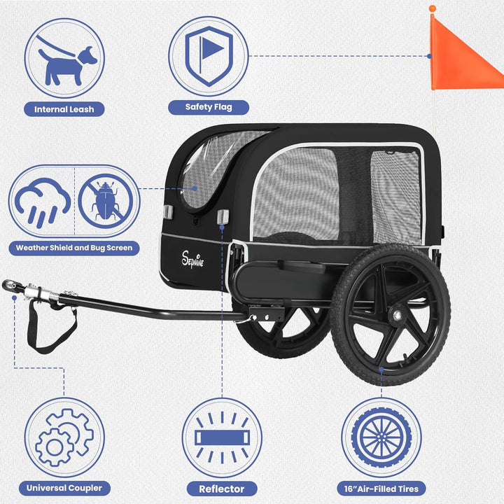 Dog Bike Trailer, Dog Cart for Bicycle, Suitable for Small and Medium Pets, Easy Folding Cart Frame, Quick Release Wheel, Non-Slip Floor, Internal Leash, 66LBS Grey