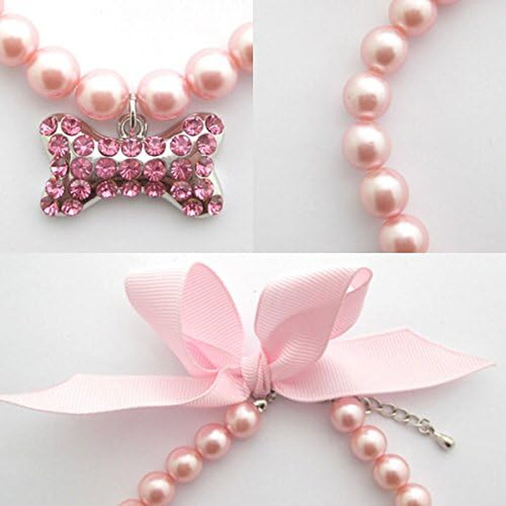Fancy Pearls Crystal Dog Necklace Jewelry with Bling Rhinestones Big Bone Charm for Pets Cats Small Dogs Girl Teacup Chihuahua Yorkie Clothes Costume Outfits (Pink, 8 to 10-Inch)