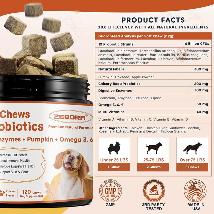Probiotics for Dogs, Dog Probiotics for Digestive Health, plus Pumpkin and Fish Oil, for Gut & Itchy, 120 Soft Chews